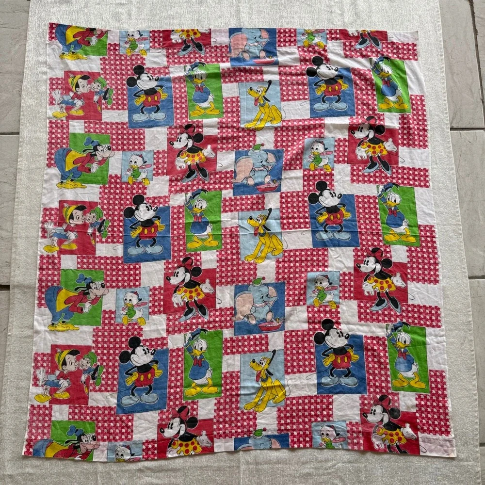 Vintage Walt Disney Productions Character Patchwork Fabric Mickey Donald 46x43